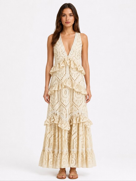 HEMANT & NANDITA Dresses & Skirts - Hemant and Nandita Beige Layered Eyelet Maxi Dress V-Neck Size S NEW Sample
